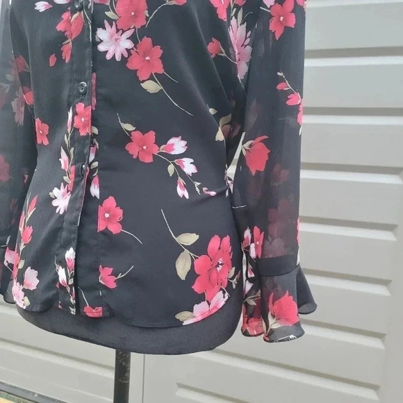 C.B Collections Women's Blouse 3/4 Sleeve Floral Black Red Semi Sheer Medium M - Picture 2 of 8
